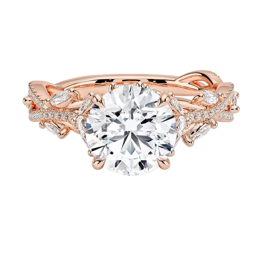 Bespoke round brilliant moissanite engagement ring with a sculpted organic vine band ApolloGem.
