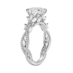 Nature-inspired moissanite ring with six-prong setting and enchanted vine motif in white gold.