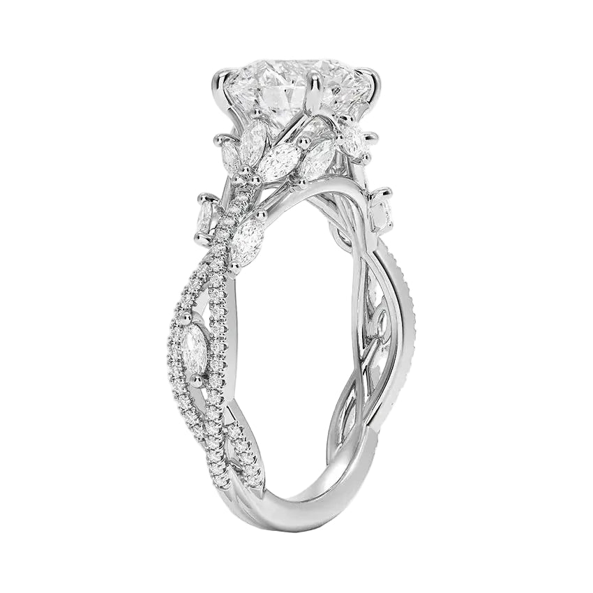 Nature-inspired moissanite ring with six-prong setting and enchanted vine motif in white gold.