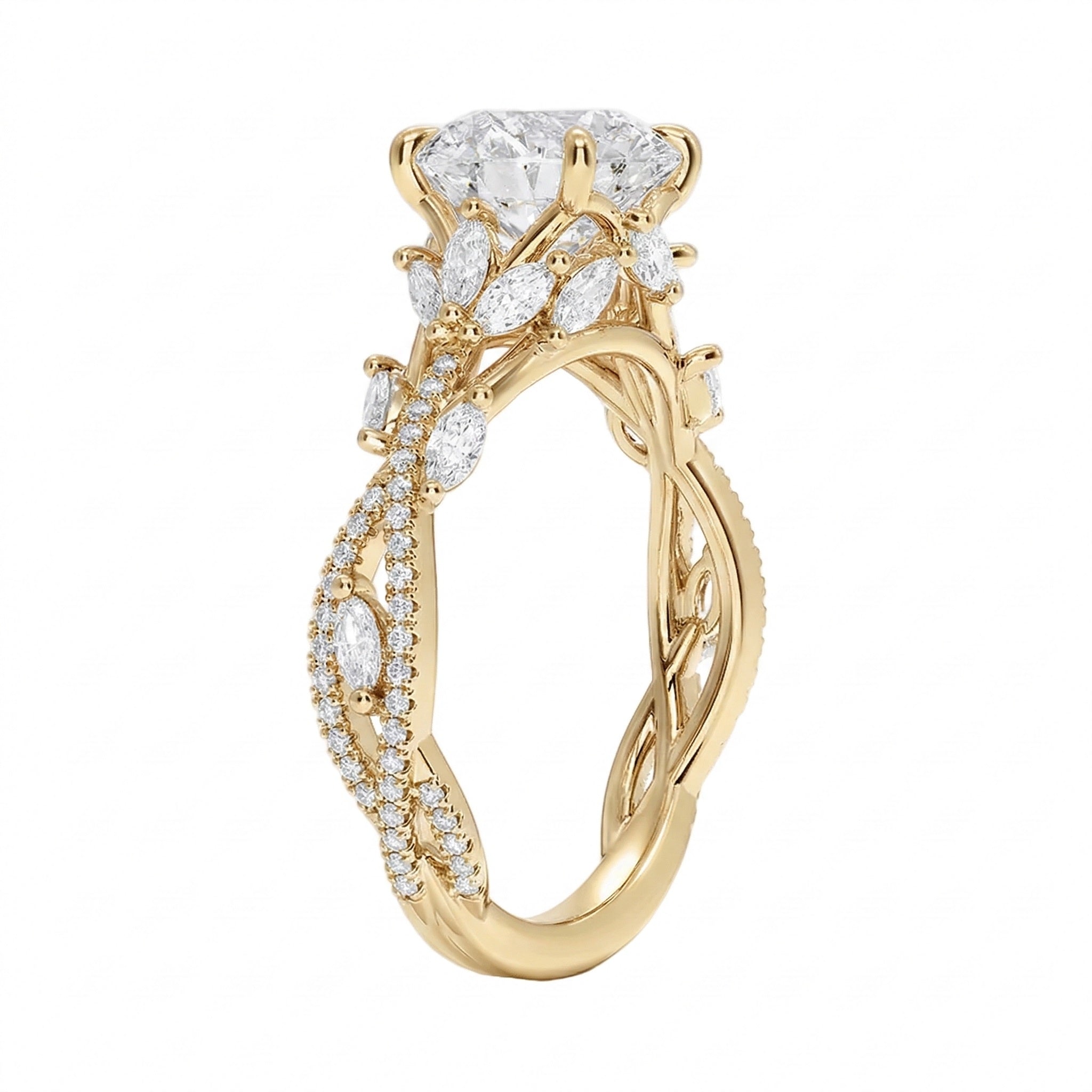 Nature-inspired moissanite ring with six-prong setting and enchanted vine motif in yellow gold.