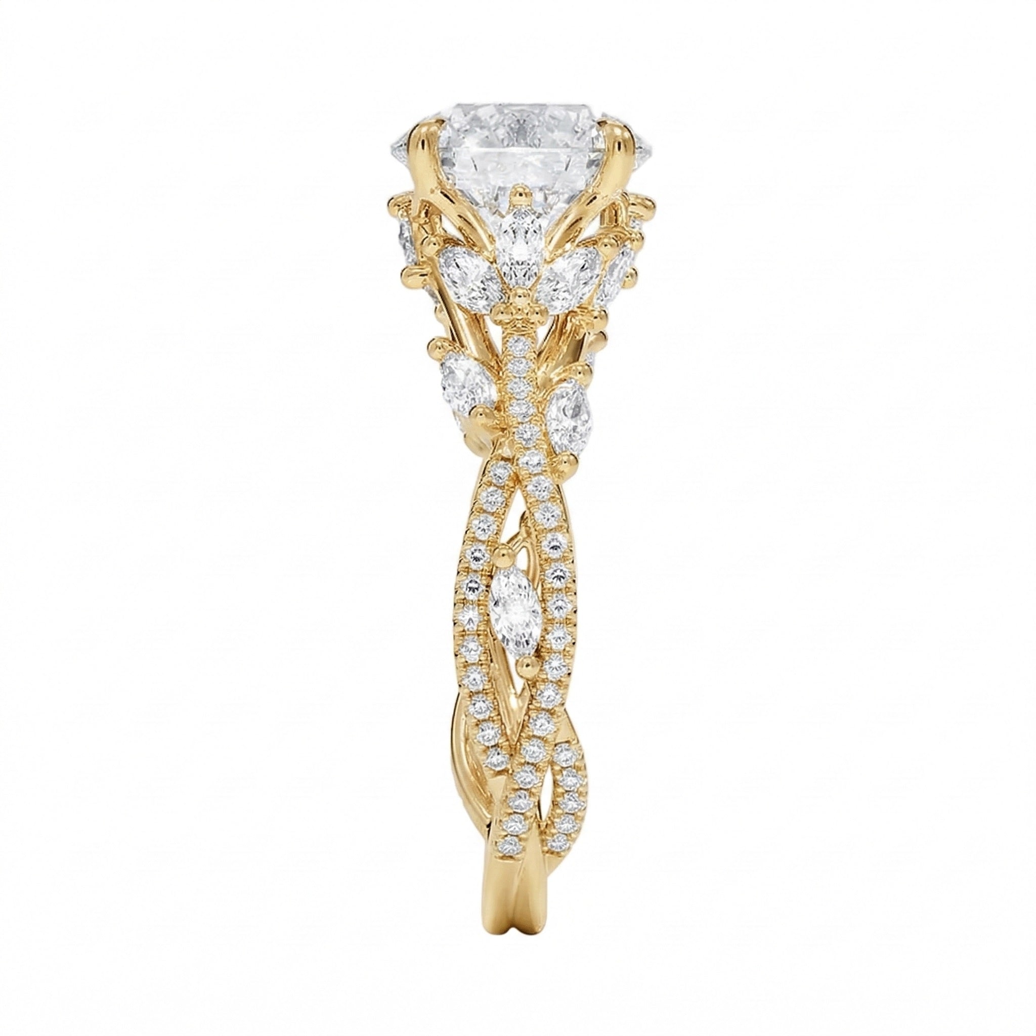 Detailed side view showing the intertwined vine structure and marquise leaf accents on the gold ring.