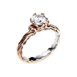 Bespoke round brilliant moissanite engagement ring with an intricate two-tone ornate filigree band ApolloGem.