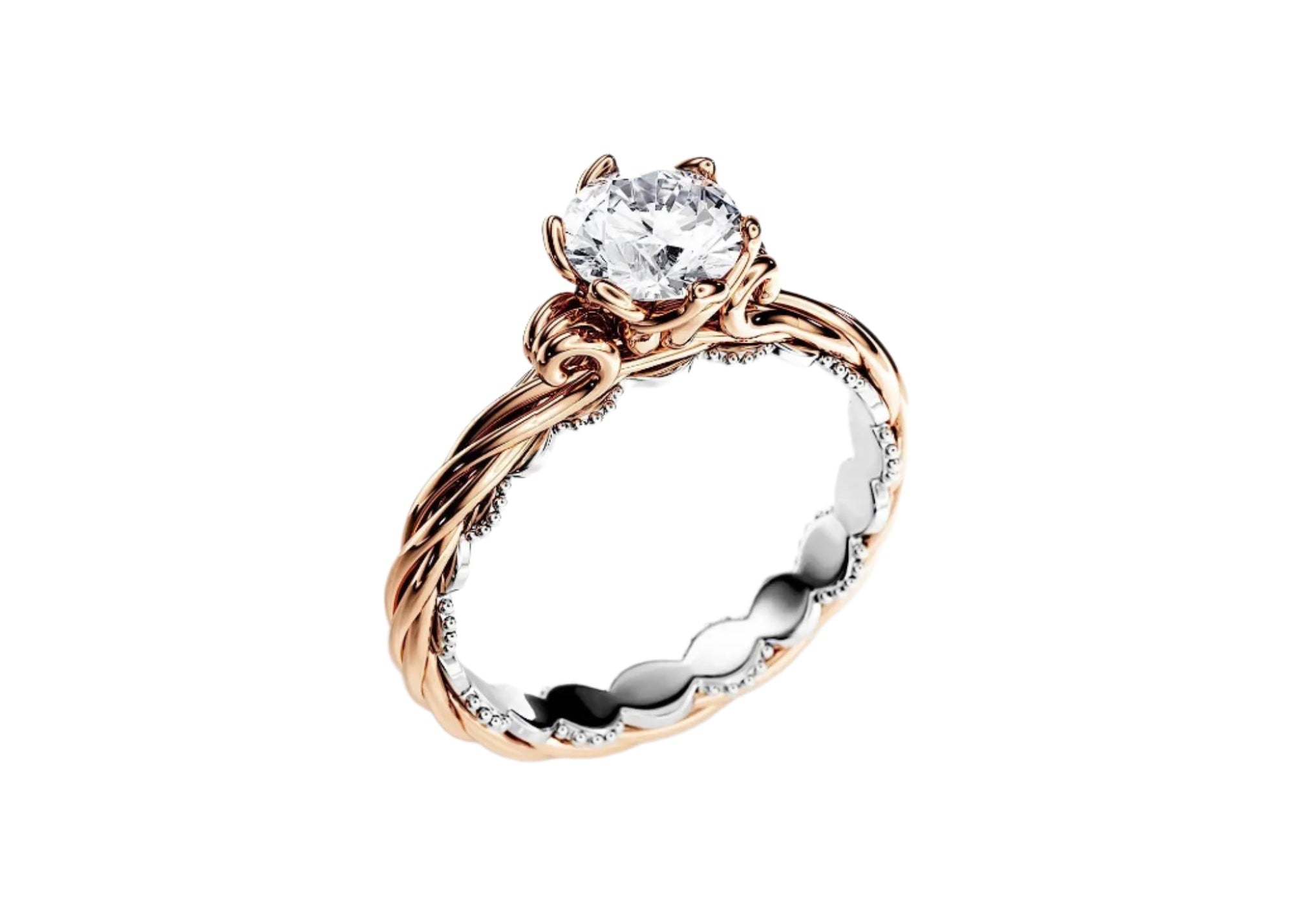 Bespoke round brilliant moissanite engagement ring with an intricate two-tone ornate filigree band ApolloGem.