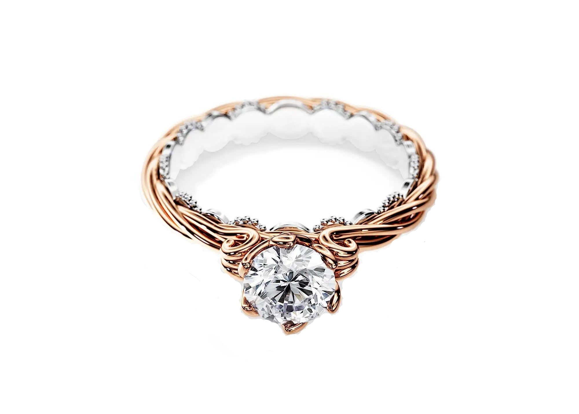 Detailed side view showing the complex twisted rope motif and rose gold ornate architecture.