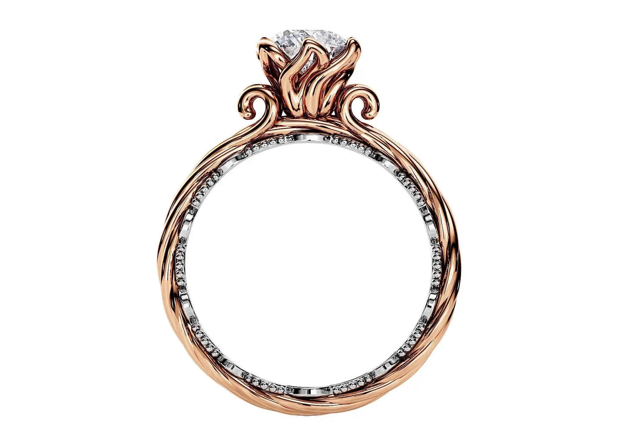 Technical side view of the two-tone ornate band demonstrating high-jewelry manual carving and depth.