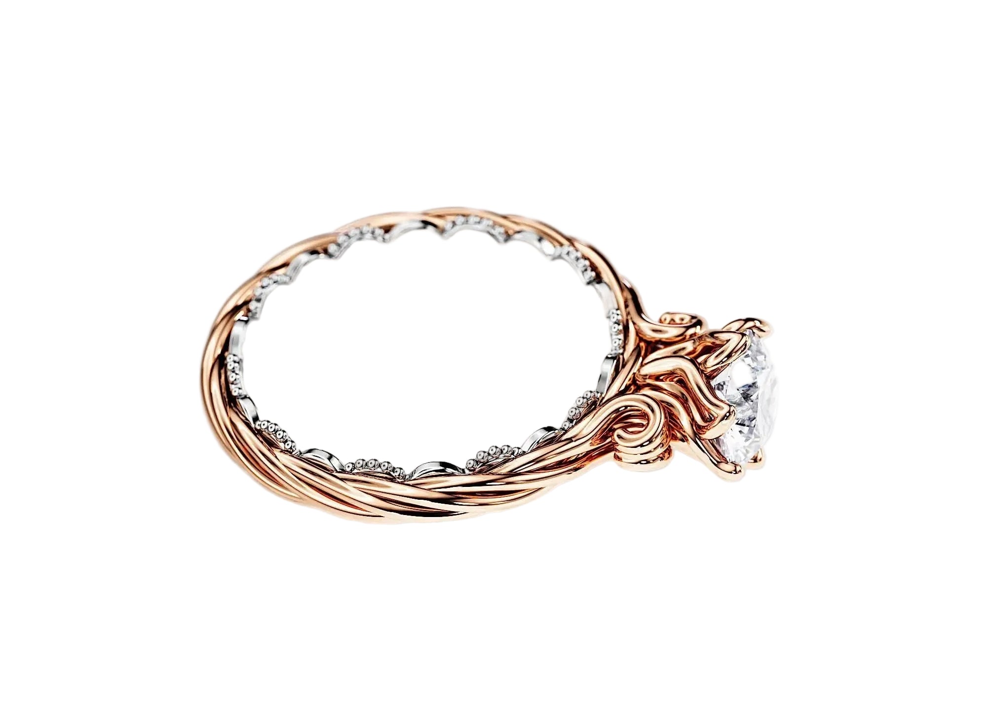 Round cut Moissanite lab grown diamond two tone engagement ring ornate band with a six claw setting, on a gold band, against a white background.Moissanite engagement ring cape town south africa grand diamonds ralph jacobs jeulia  