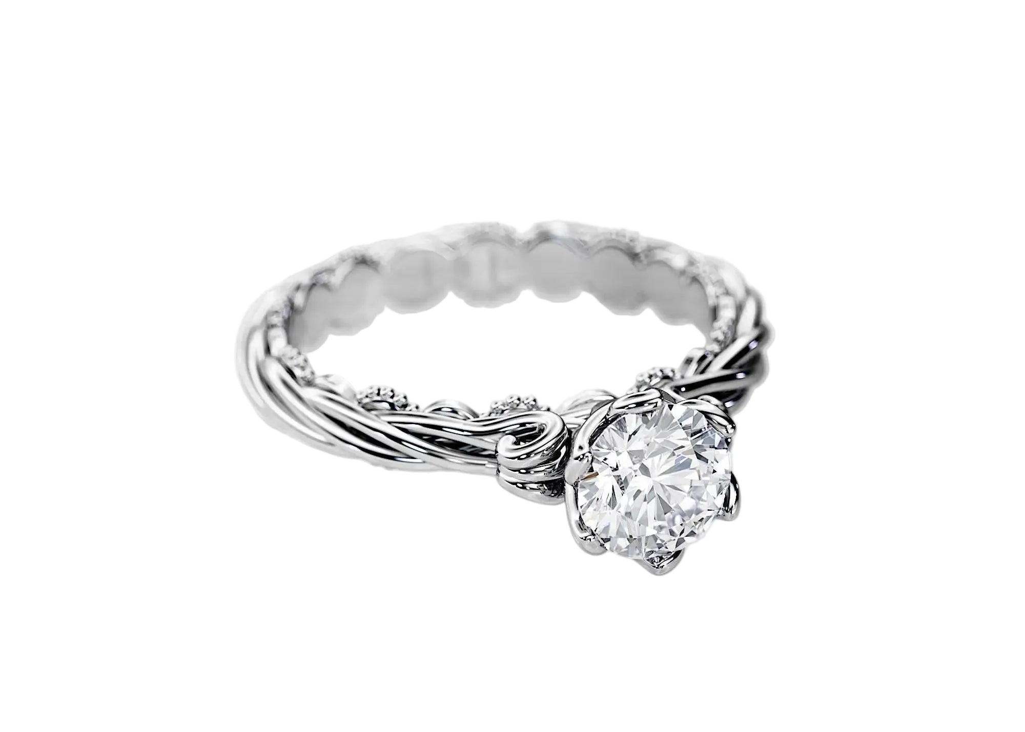 Close-up of a D-color VVS1 round moissanite integrated into a decorative floral bespoke setting.