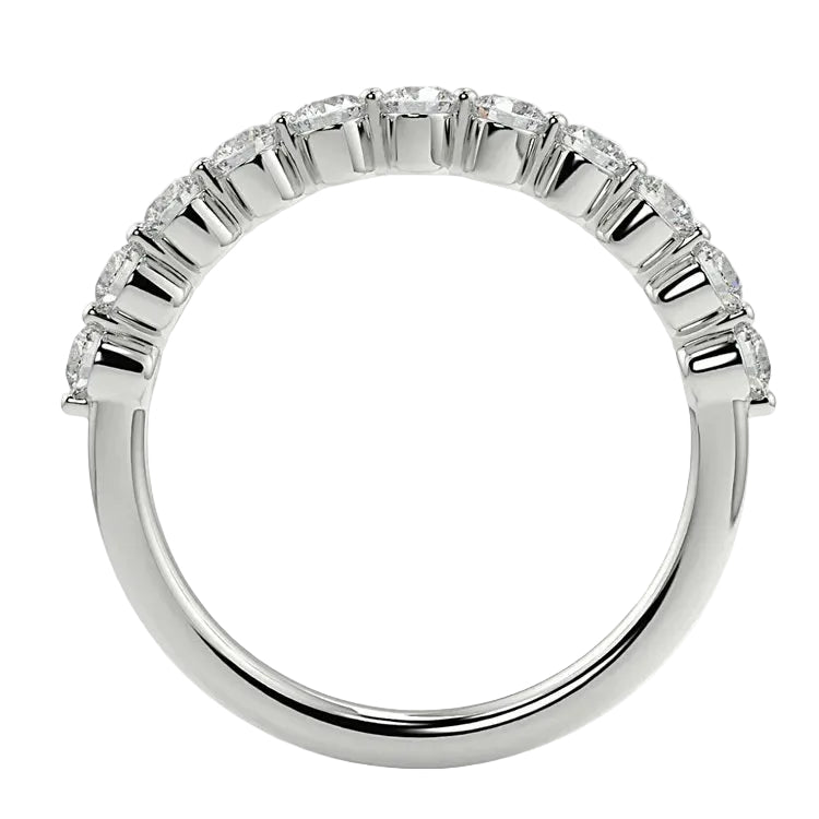 Top-down view of a D-color VVS1 2.0mm round stone half-eternity band in white gold.