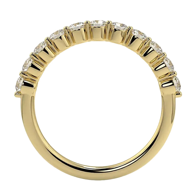 Top-down view of a D-color VVS1 2.0mm round stone half-eternity band in yellow gold.