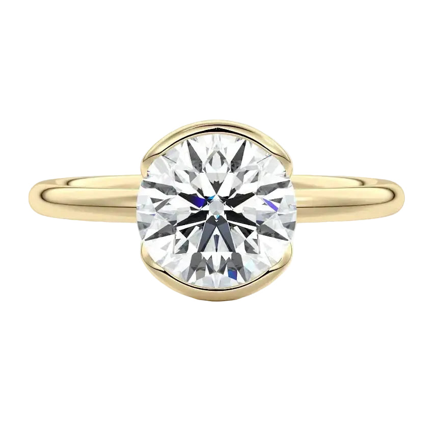 Luxury round brilliant moissanite engagement ring with an open-tube bridge setting in yellow gold ApolloGem.