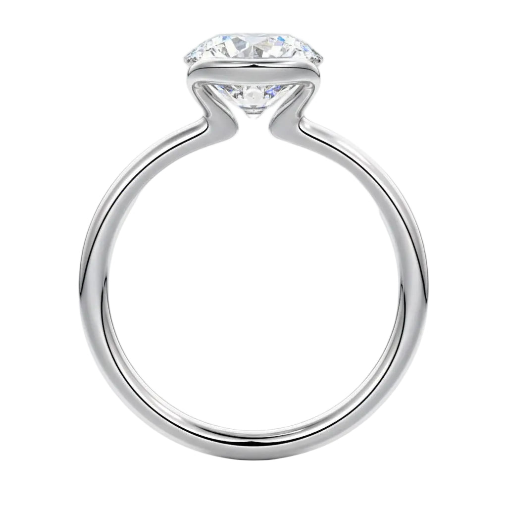 Engagement ring Round cut Moissanite lab grown diamond engagement ring  with open tube setting, on a gold band, against a white background.Moissanite engagement ring cape town south africa grand diamonds ralph jacobs jeulia 