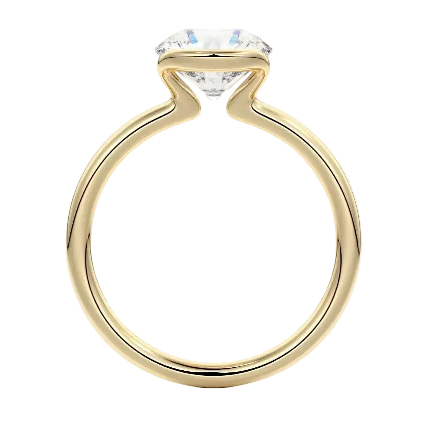 Engagement ring Round cut Moissanite lab grown diamond engagement ring  with open tube setting, on a gold band, against a white background.Moissanite engagement ring cape town south africa grand diamonds ralph jacobs jeulia 