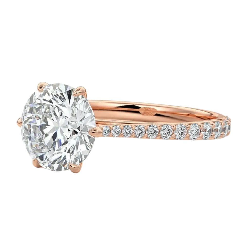 Side profile of the Round Cathedral Crown ring showing the elevated basket and pinched pavé shank.