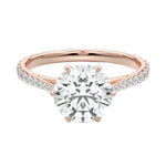 Royal six-prong round brilliant moissanite cathedral ring with a tapered pavé rose gold band ApolloGem.