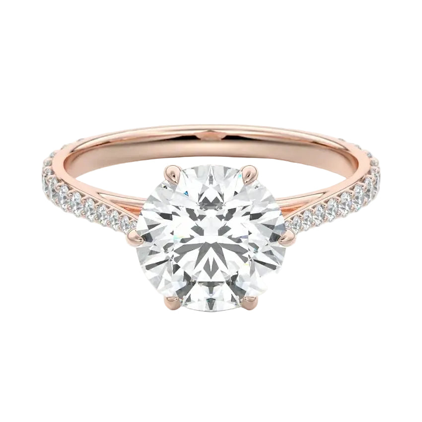 Royal six-prong round brilliant moissanite cathedral ring with a tapered pavé rose gold band ApolloGem.