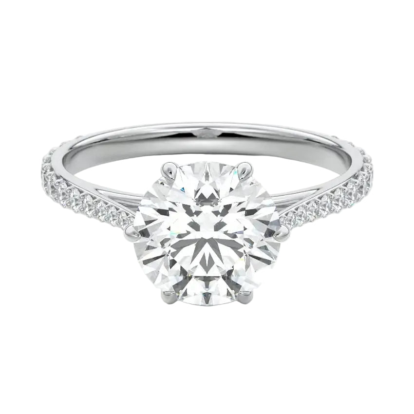 Royal six-prong round brilliant moissanite cathedral ring with a tapered pavé white gold band ApolloGem.