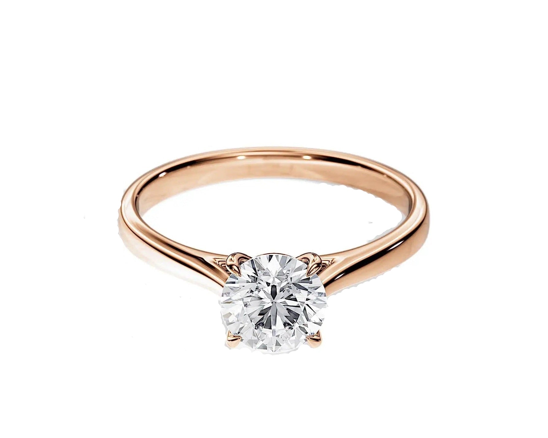 Close-up of a D-color VVS1 round moissanite held by elegant, sophisticated cathedral prongs.