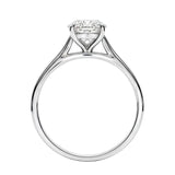 Symmetrical top-down view of a round moissanite solitaire in a polished yellow gold cathedral setting.