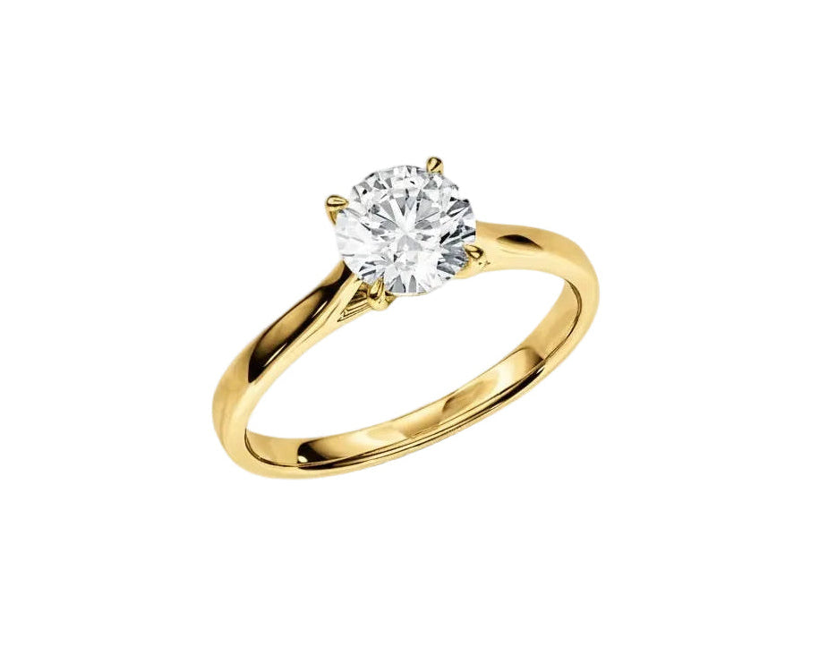 Round brilliant moissanite engagement ring with an elevated cathedral setting in yellow gold ApolloGem.