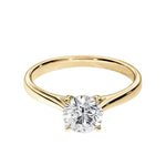Close-up of a D-color VVS1 round moissanite held by elegant, sophisticated cathedral prongs.