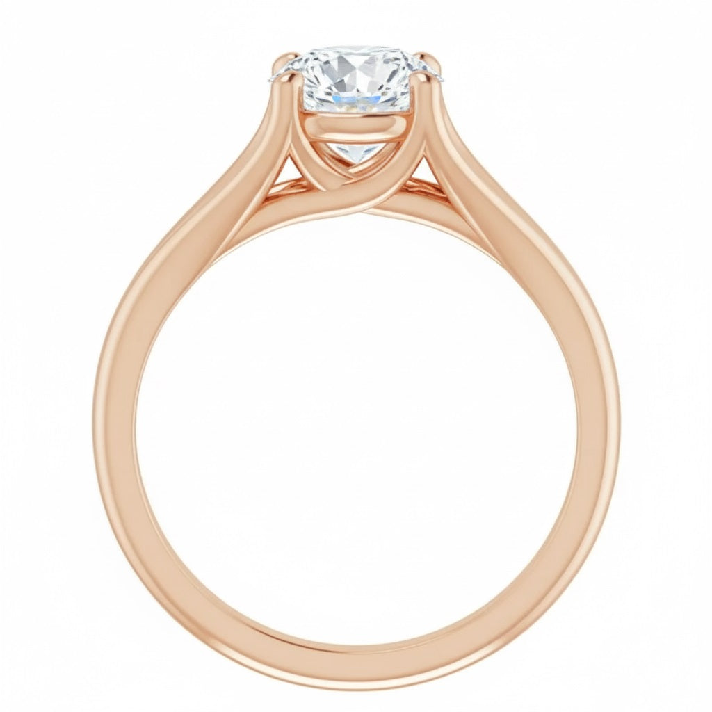 Detailed side view of a round moissanite ring showing the arched cathedral setting and split-shoulder design.