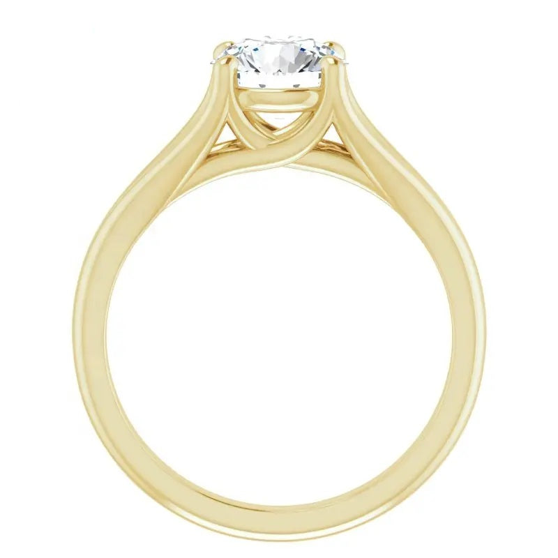 Detailed side view of a round moissanite ring showing the arched cathedral setting and split-shoulder design.