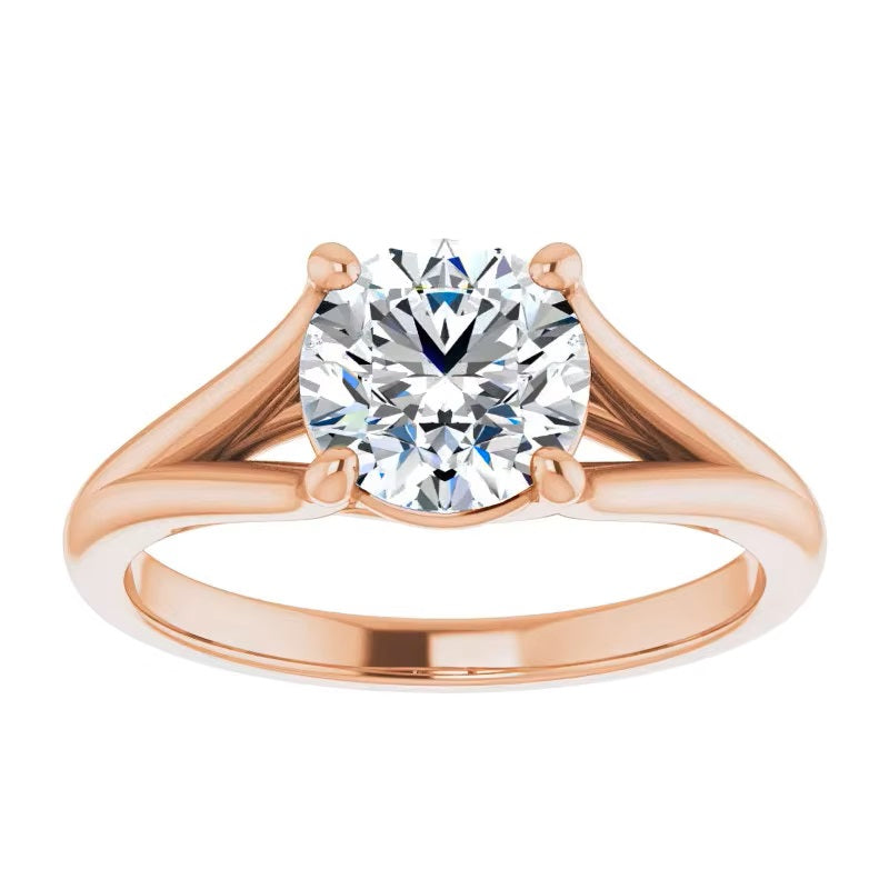 Luxury round brilliant moissanite engagement ring with a cathedral V-split shank in rose gold ApolloGem South Africa.