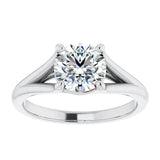 Luxury round brilliant moissanite engagement ring with a cathedral V-split shank in white gold ApolloGem South Africa.