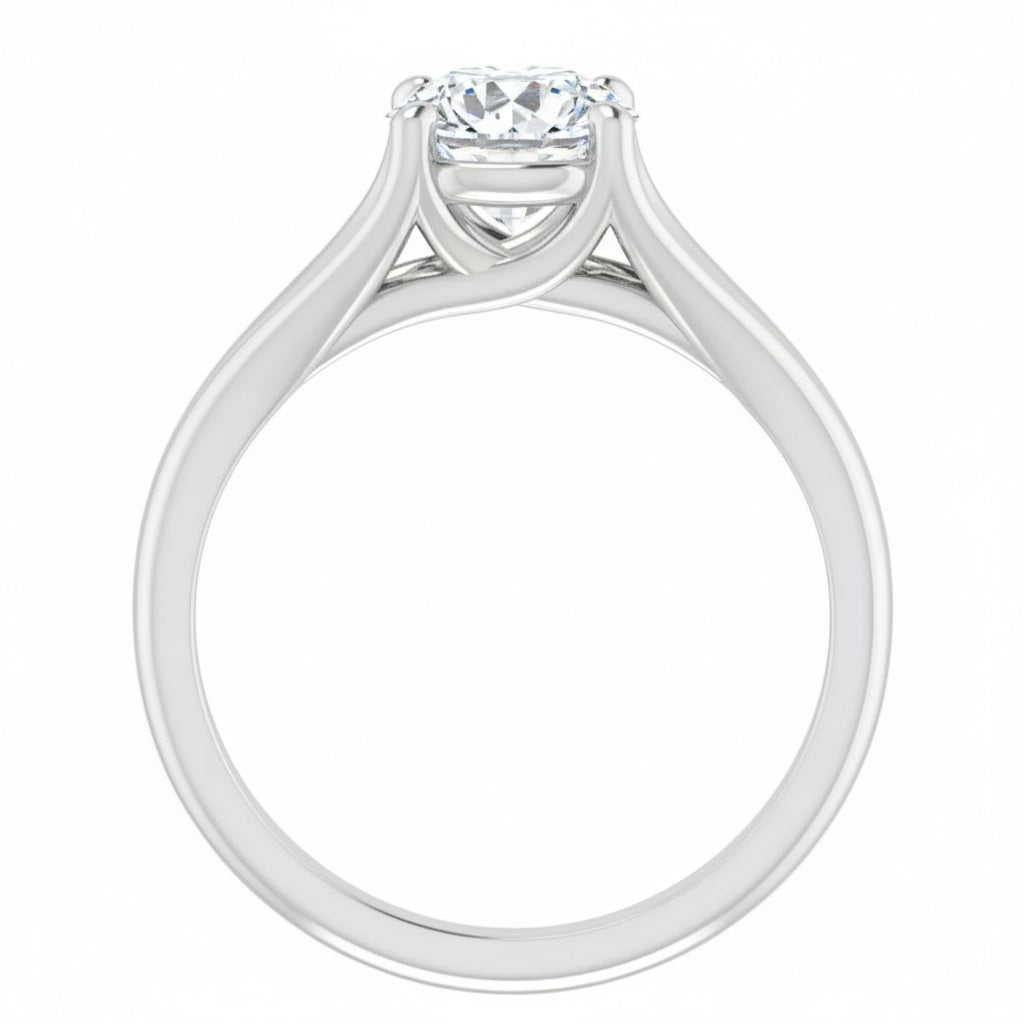 Detailed side view of a round moissanite ring showing the arched cathedral setting and split-shoulder design.