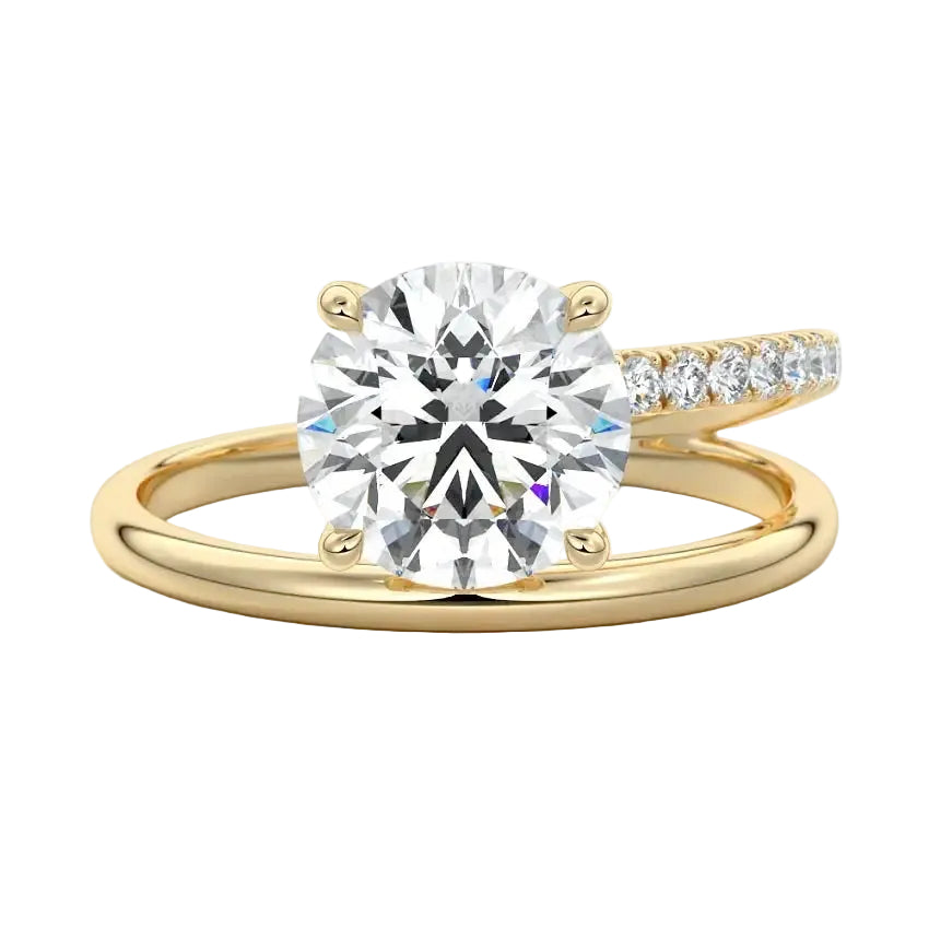 Modern floating round brilliant moissanite ring with a pavé spiral wrap band in yellow gold ApolloGem.