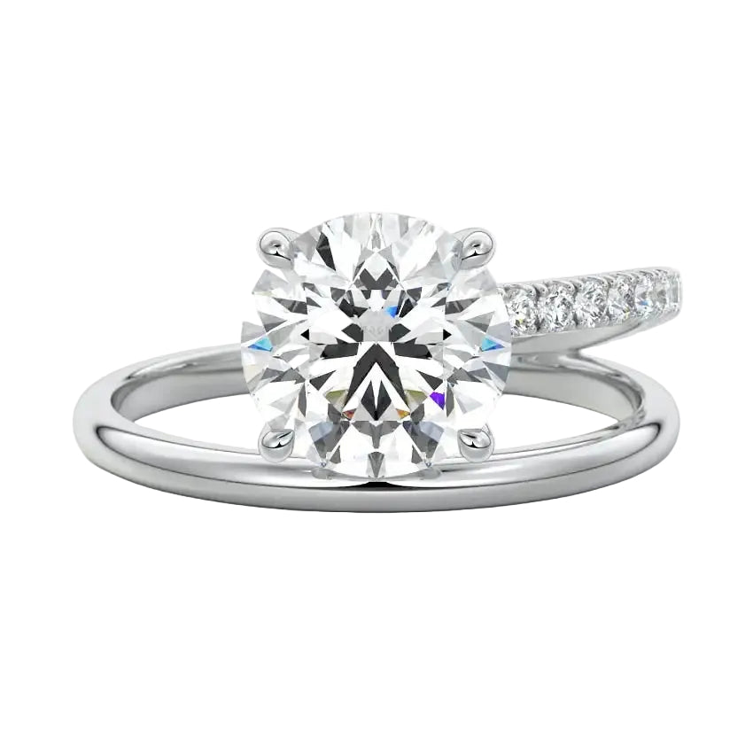 Modern floating round brilliant moissanite ring with a pavé spiral wrap band in white gold ApolloGem.