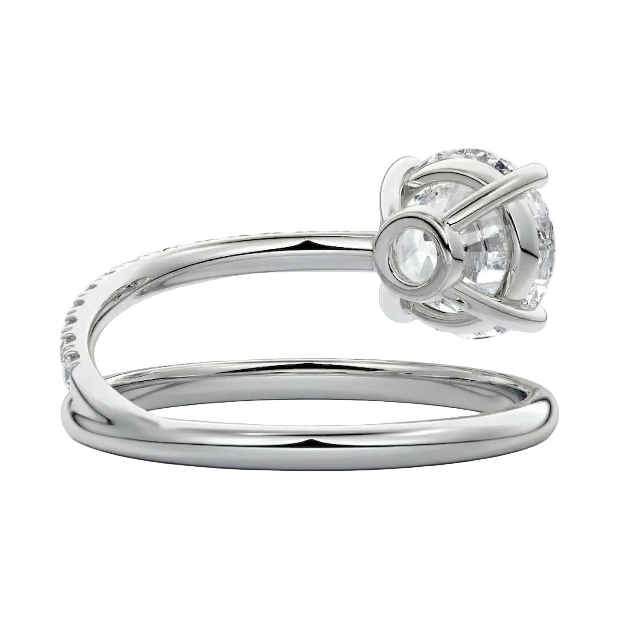 Side profile of the Celestial Spiral ring showing the architectural wrap-around shank and refined basket.