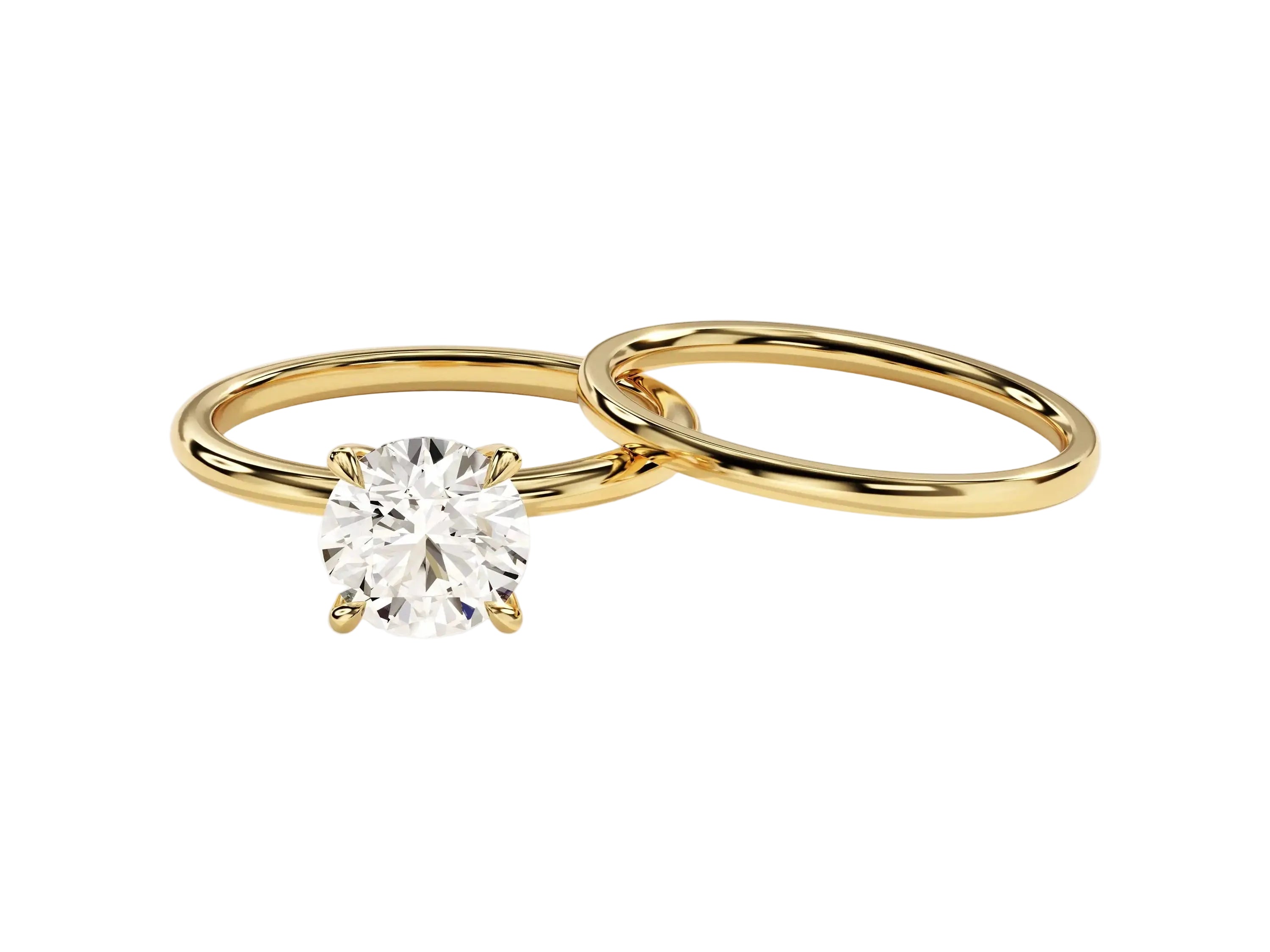 Minimalist round brilliant moissanite bridal set with matching gold band Duo Collection ApolloGem.