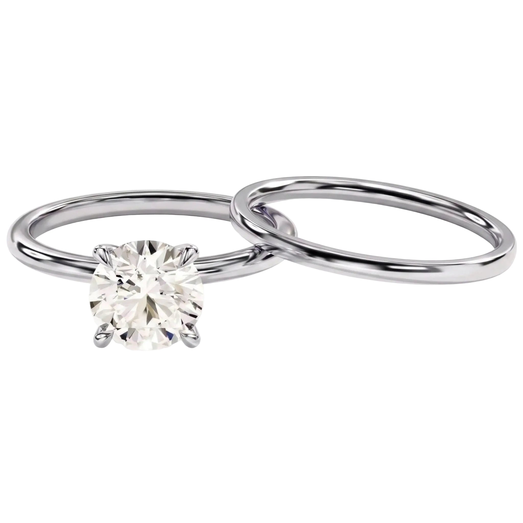 Minimalist round brilliant moissanite bridal set with matching gold band Duo Collection ApolloGem.