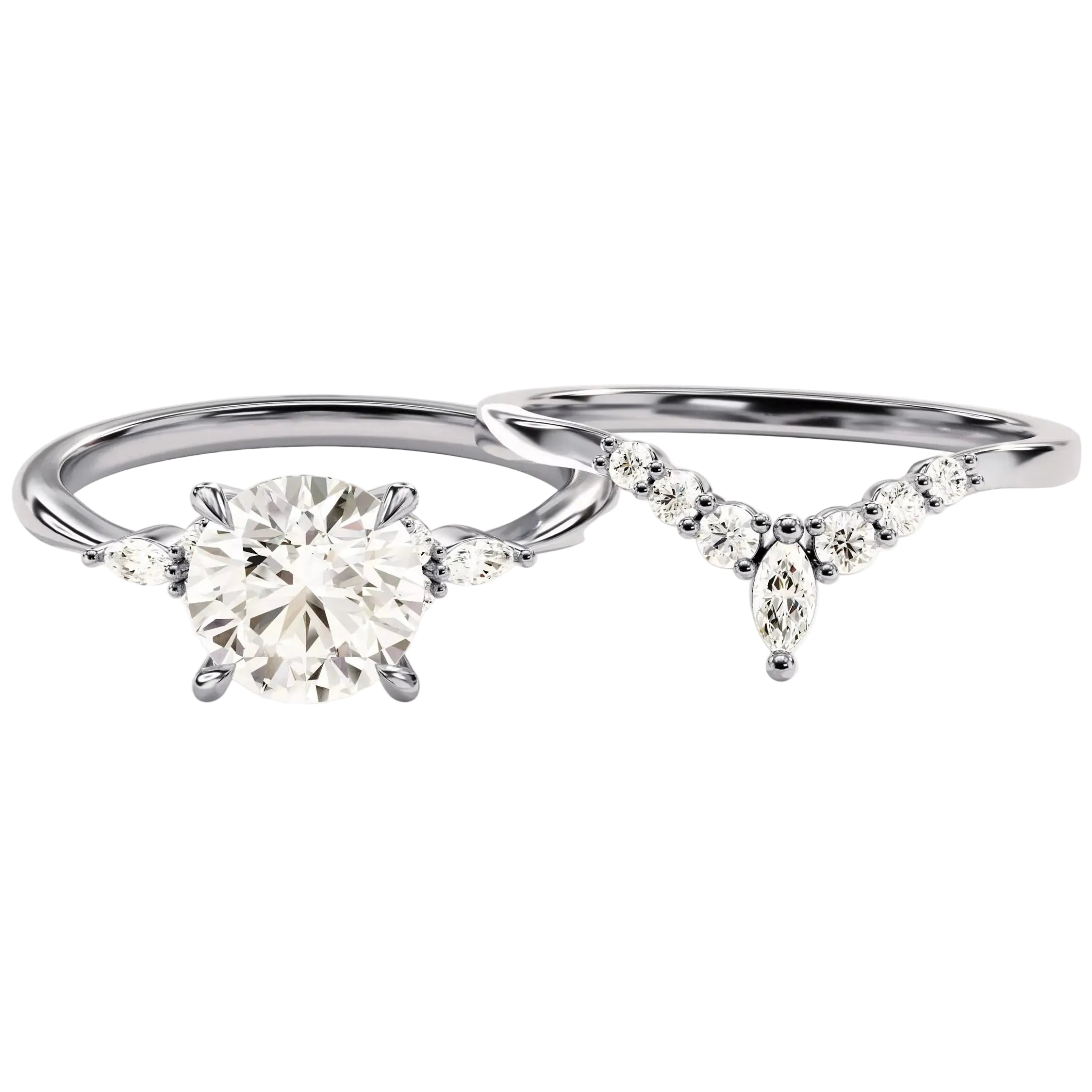 Round brilliant moissanite solitaire engagement ring with matching full eternity band Duo Collection ApolloGem.