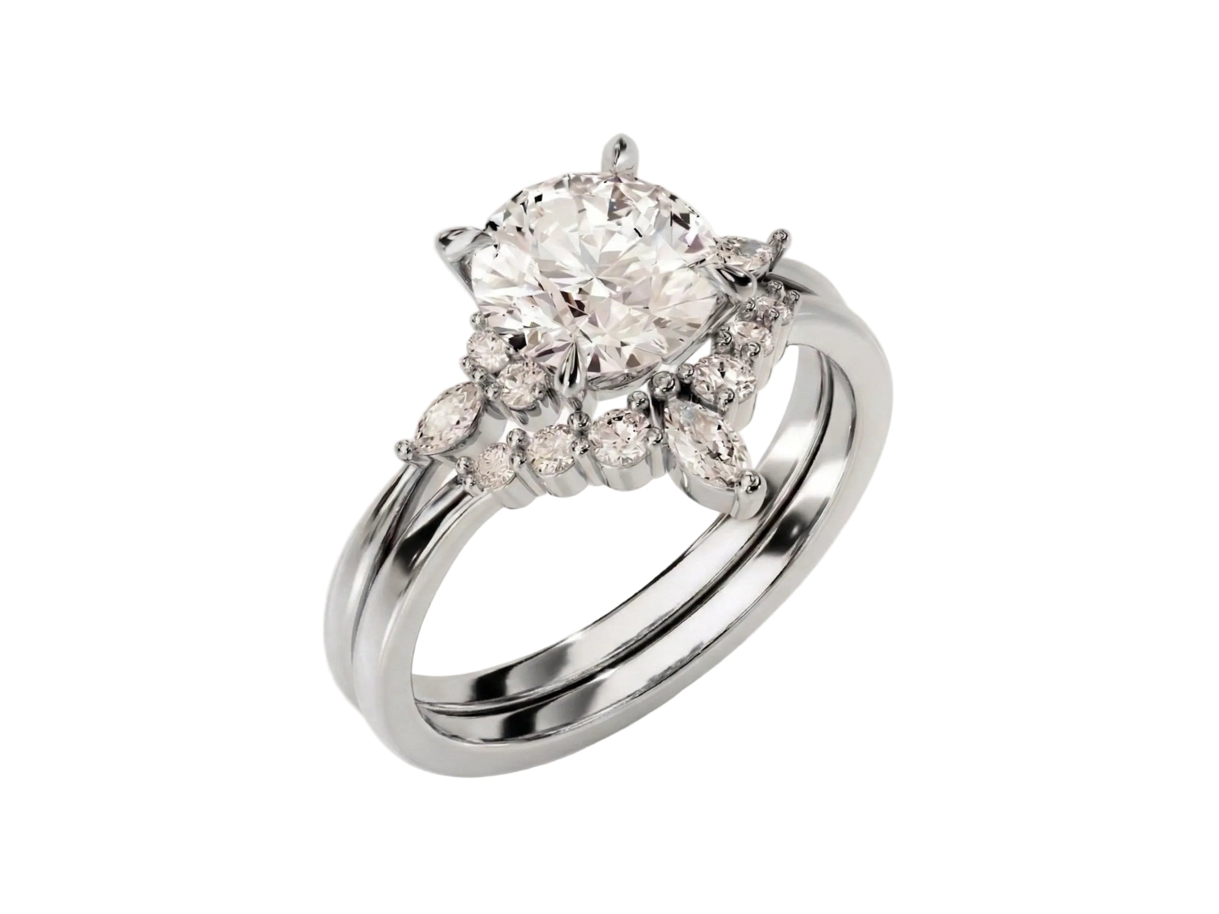 Detailed side view of the Duo Eternal set showing the flush-fit between the solitaire and pavé band.