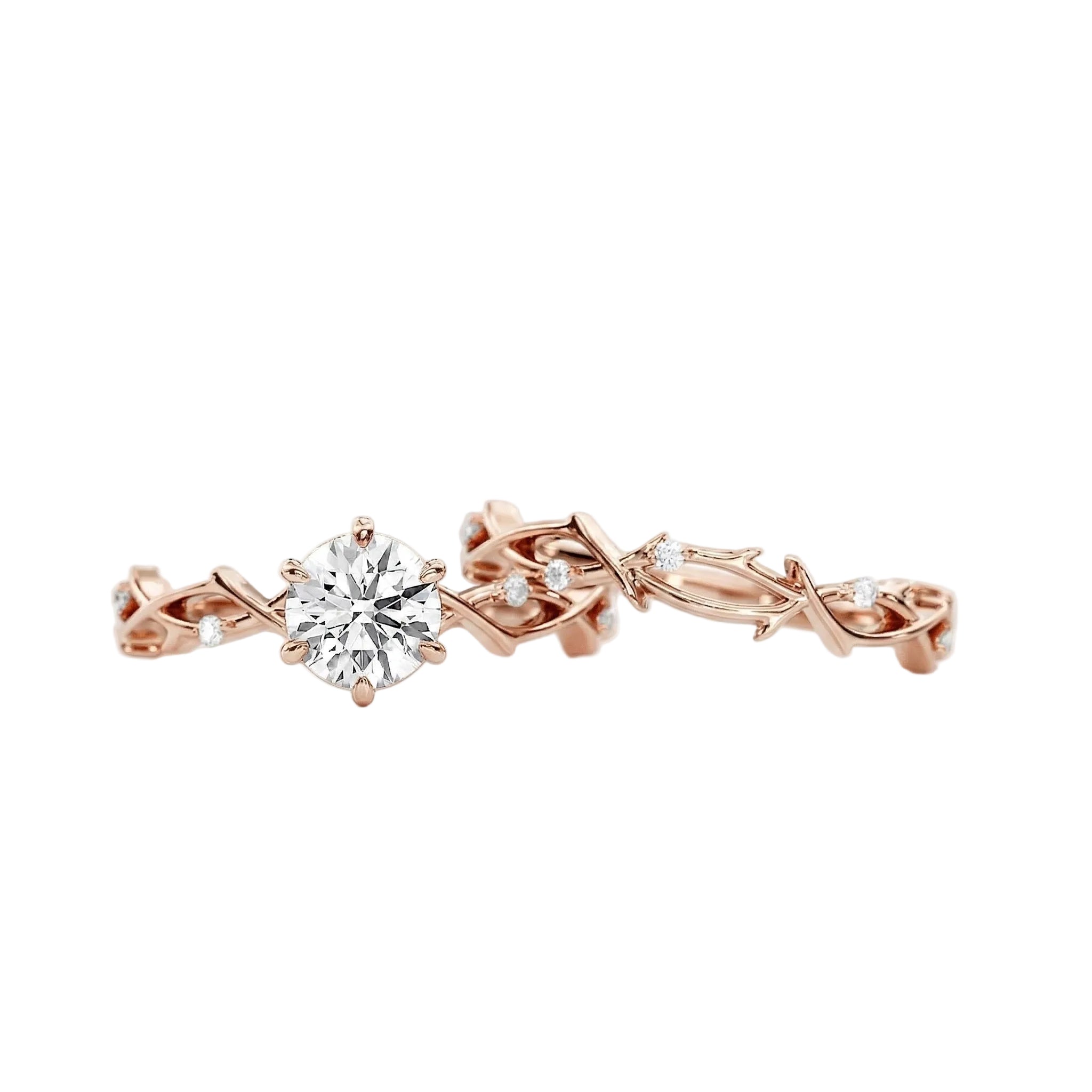 Close-up of a D-color VVS1 round moissanite in a decorative floral Duo Collection setting.