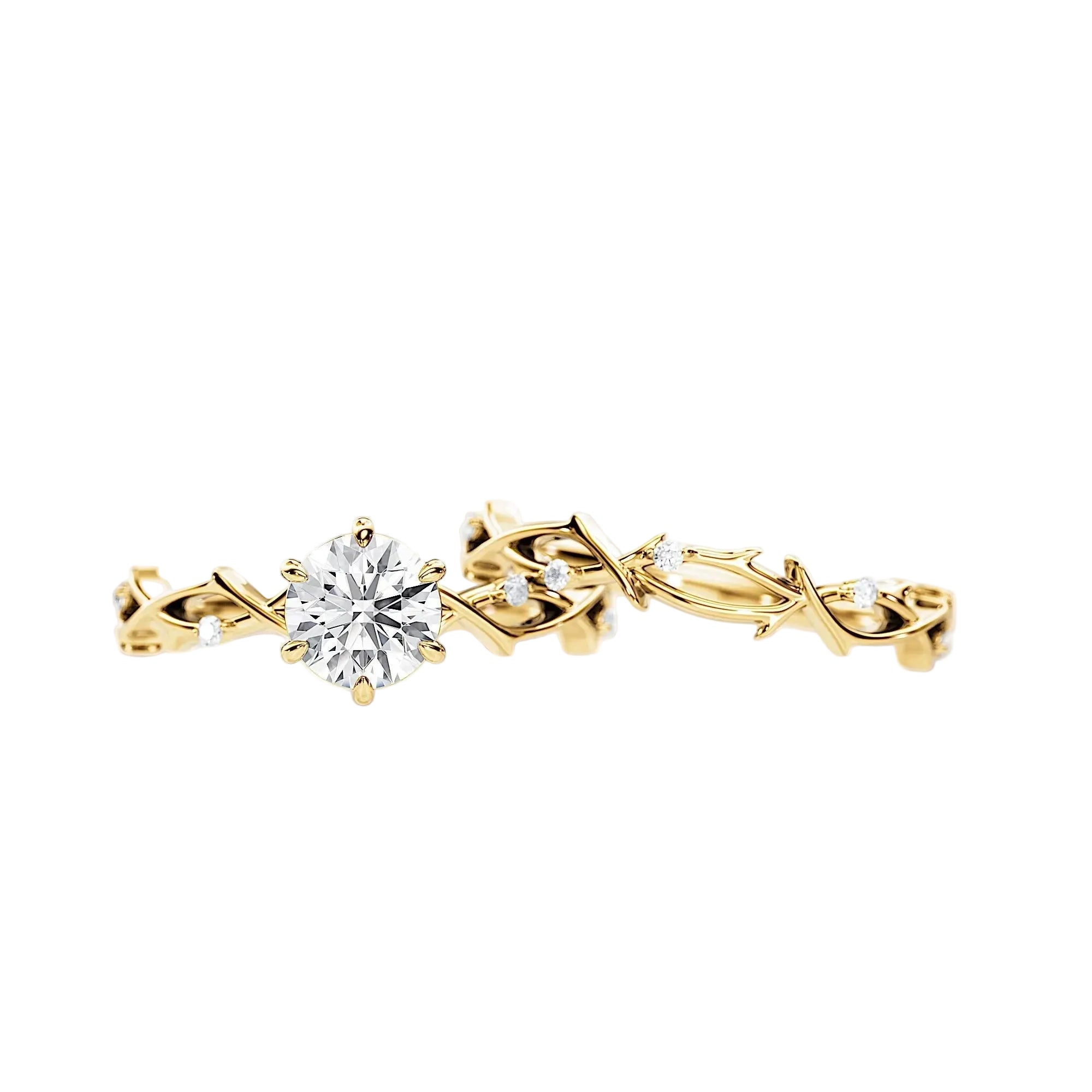 Close-up of a D-color VVS1 round moissanite in a decorative floral Duo Collection setting.