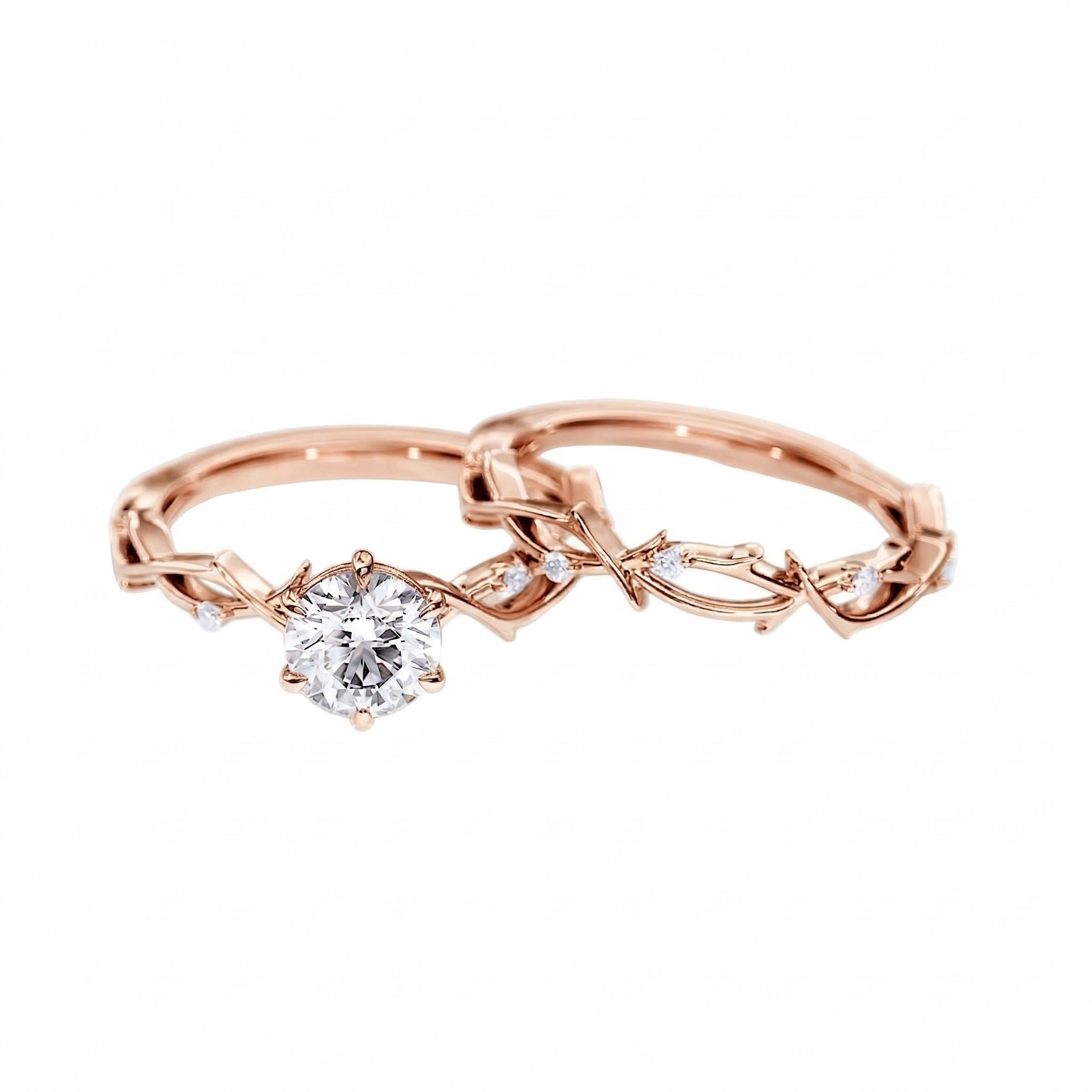 Luxury round brilliant moissanite bridal set with a sculpted floral vine band Duo Collection ApolloGem.