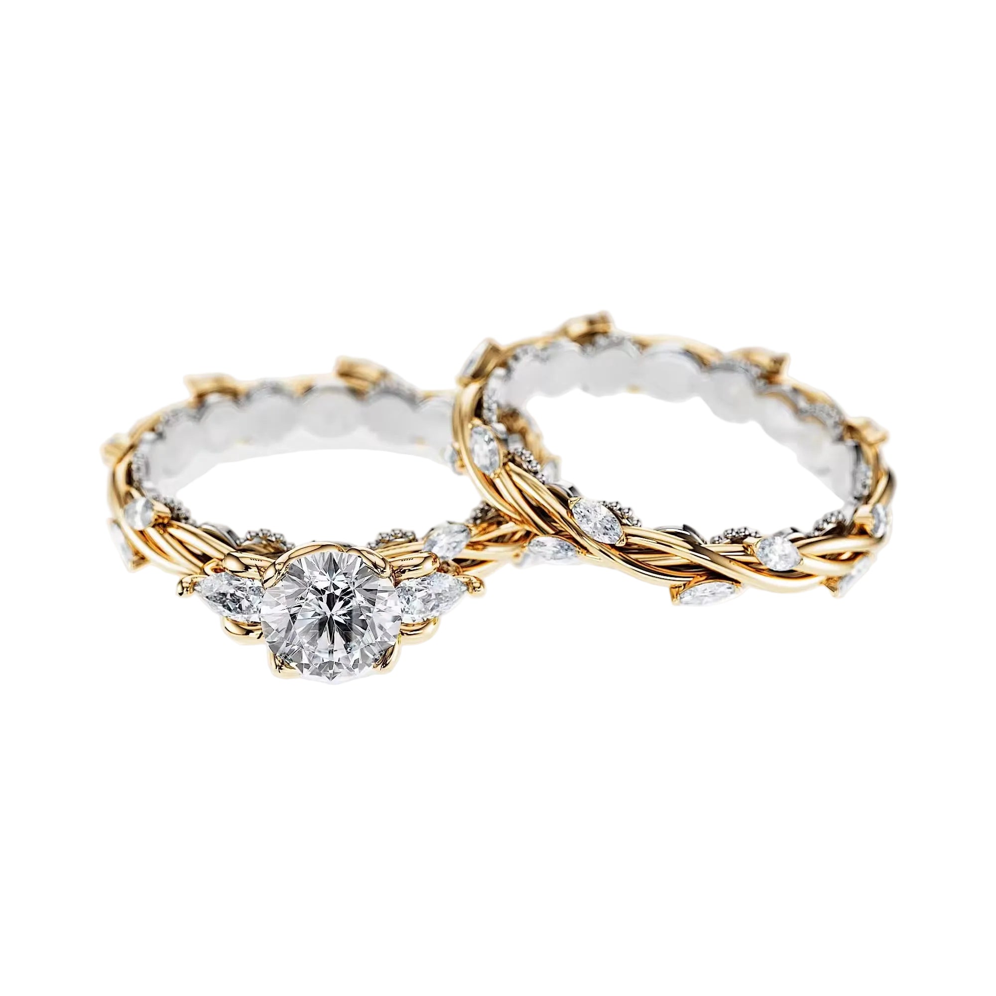 Unique two-tone round brilliant moissanite engagement ring with pear-cut side stones Duo Collection ApolloGem.