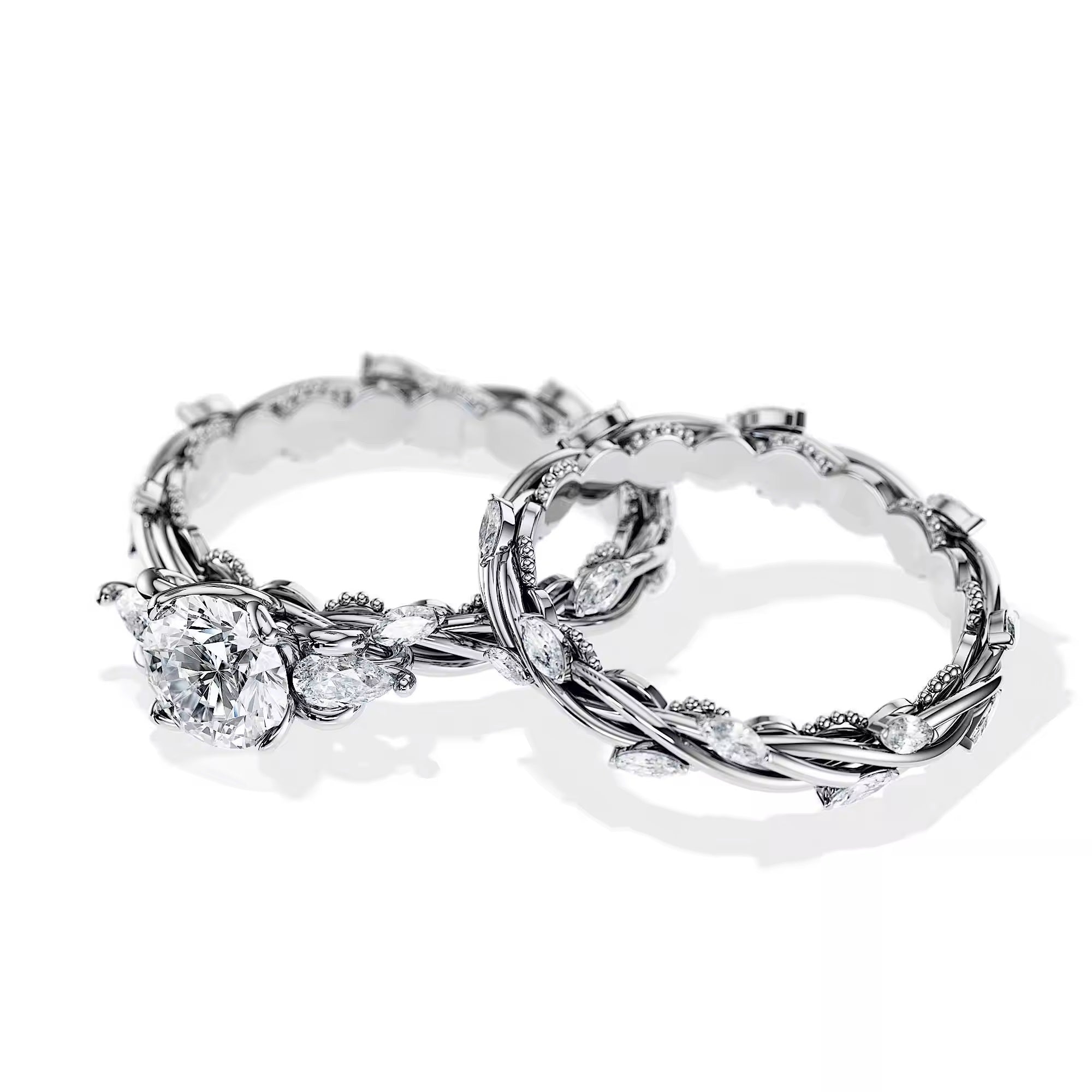 Unique two-tone round brilliant moissanite engagement ring with pear-cut side stones Duo Collection ApolloGem.