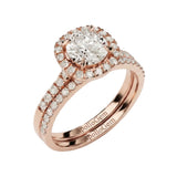 Detailed side view of the Duo Halo Pavé set showing the flush-fit between the halo and wedding band.