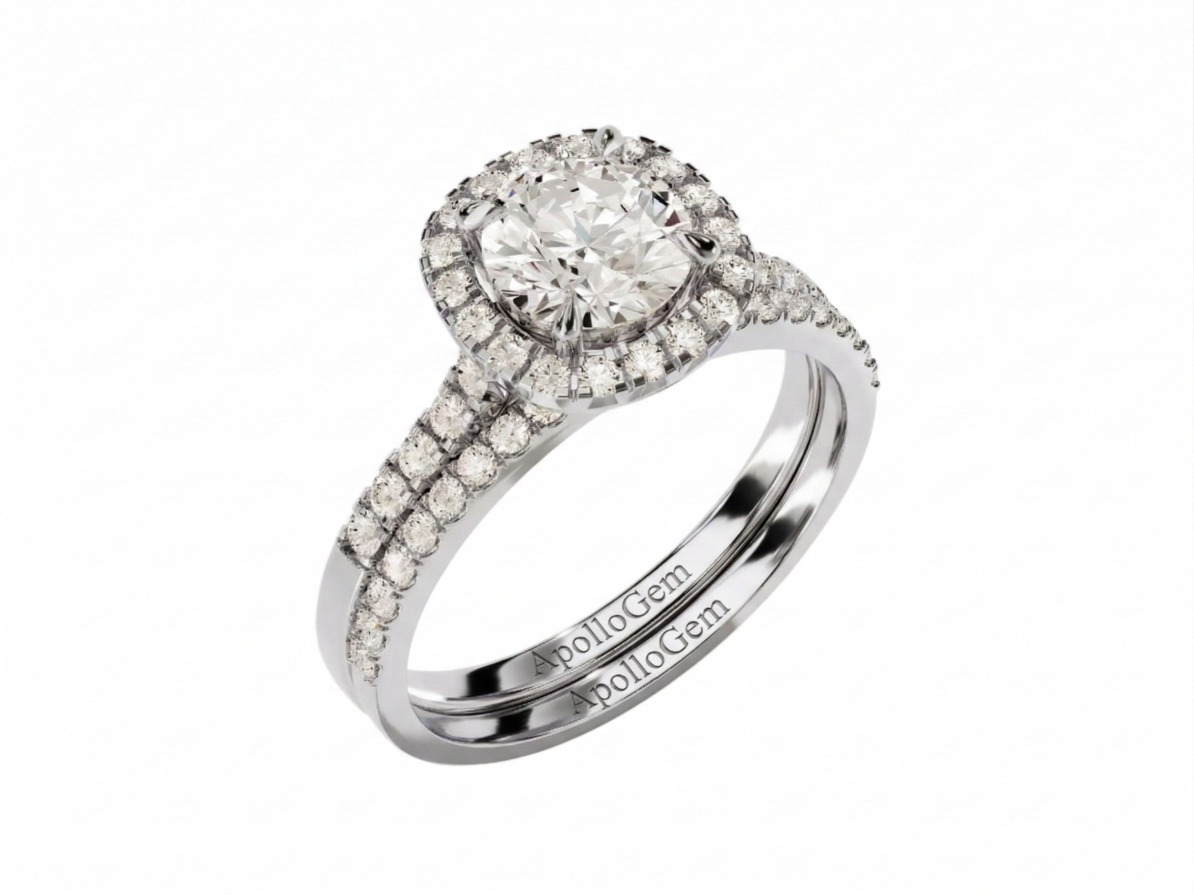 Diamond ring with a halo and side stones on a white background, featuring the ApolloGem brand.