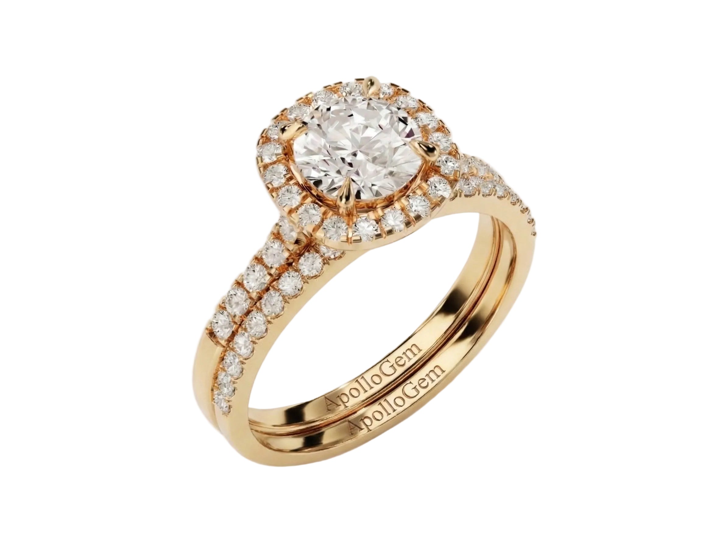 Detailed side view of the Duo Halo Pavé set showing the flush-fit between the halo and wedding band.