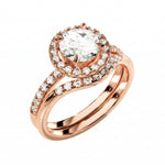 Rose gold moissanite bridal set with a round halo solitaire and asymmetrical pavé wedding ring.