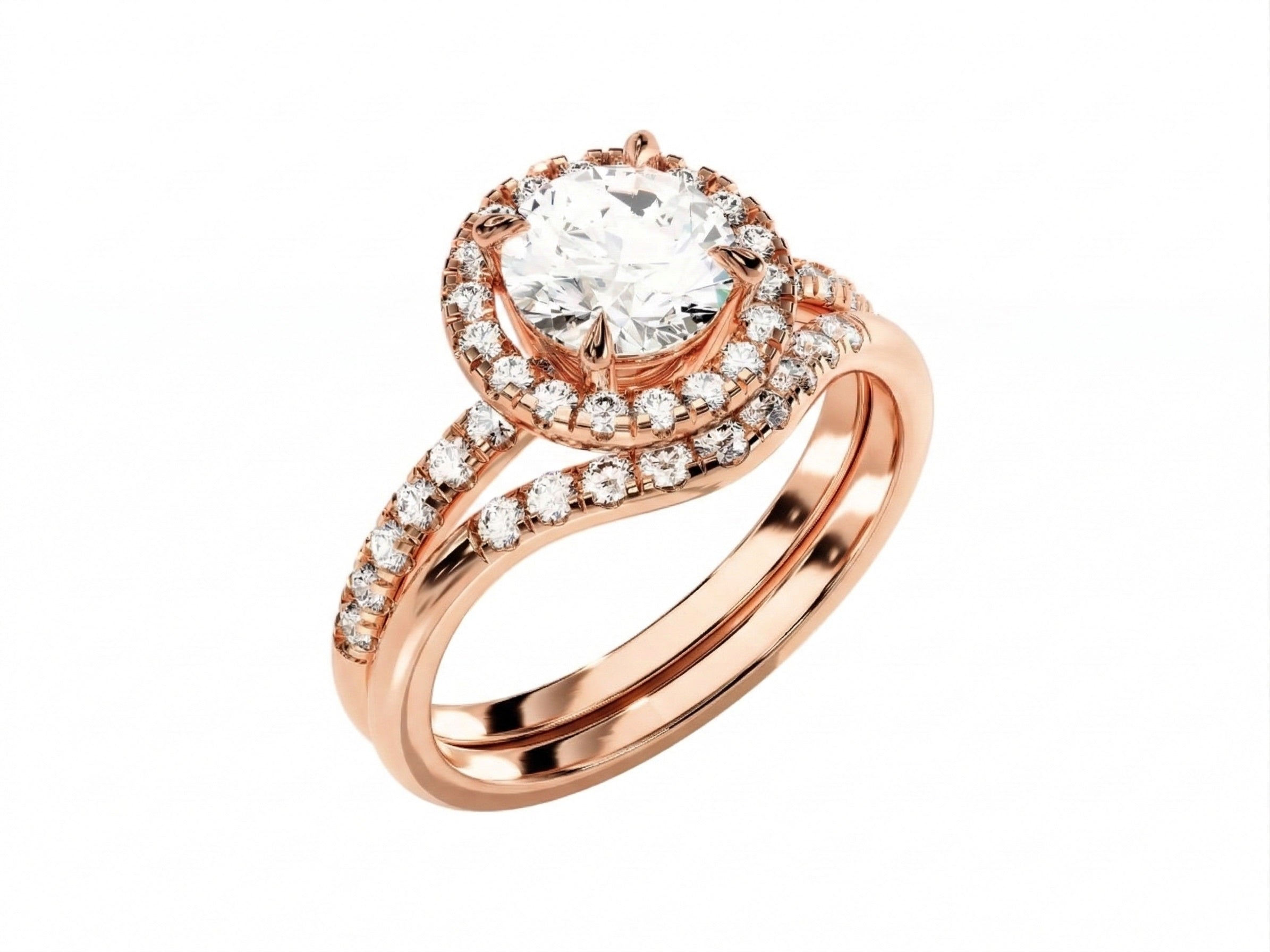 Rose gold moissanite bridal set with a round halo solitaire and asymmetrical pavé wedding ring.