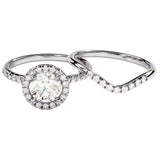 Round brilliant moissanite halo engagement ring with a matching wavy pavé band Duo Collection ApolloGem.