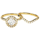 Round brilliant moissanite halo engagement ring with a matching wavy pavé band Duo Collection ApolloGem.