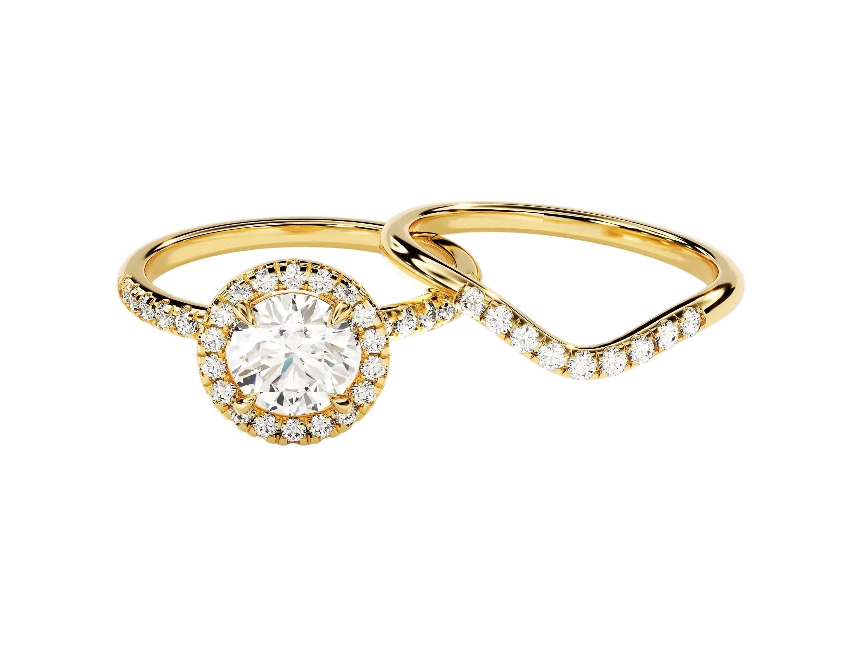 Round brilliant moissanite halo engagement ring with a matching wavy pavé band Duo Collection ApolloGem.