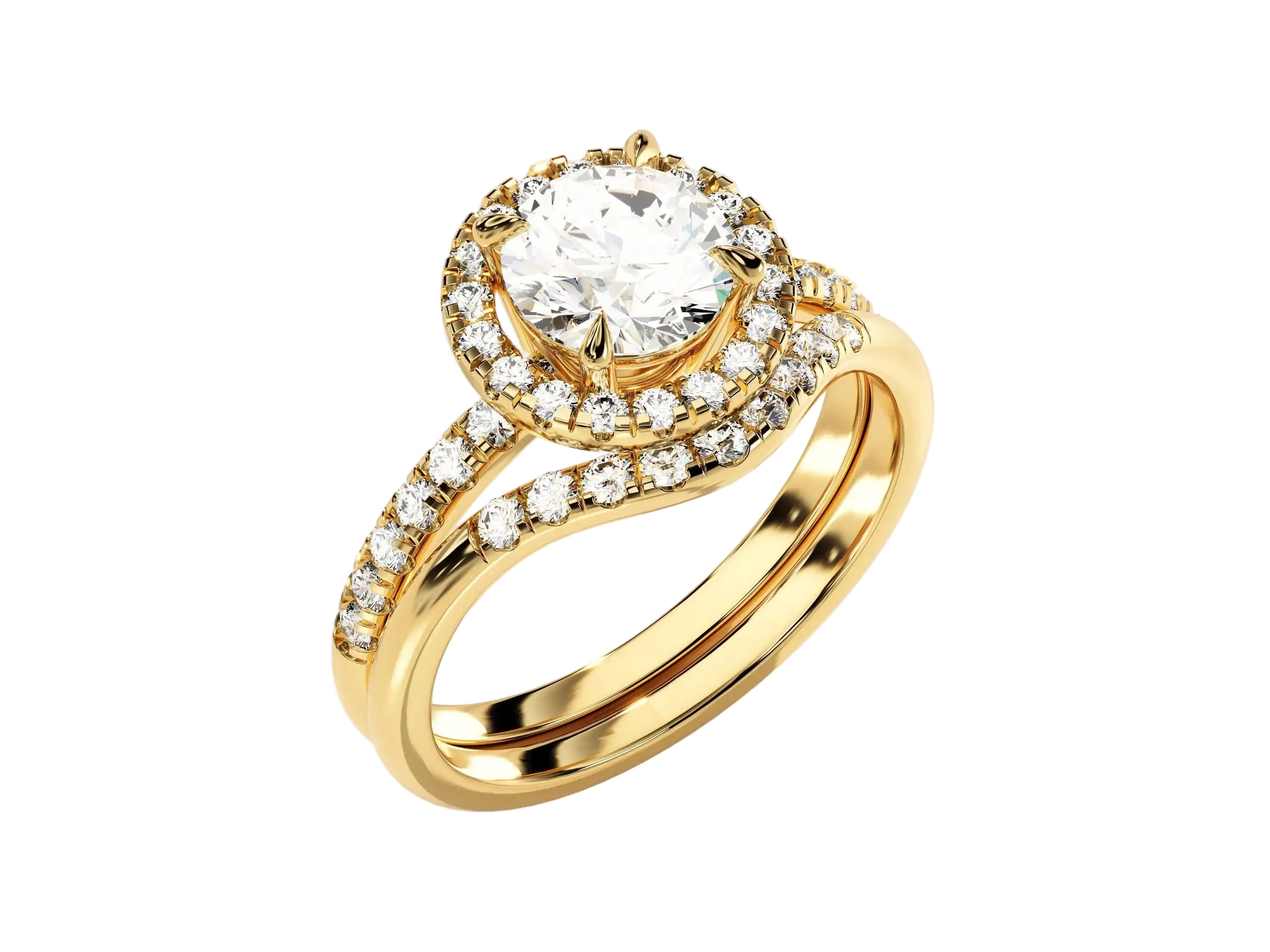 Yellow gold moissanite bridal set with a round halo solitaire and asymmetrical pavé wedding ring.